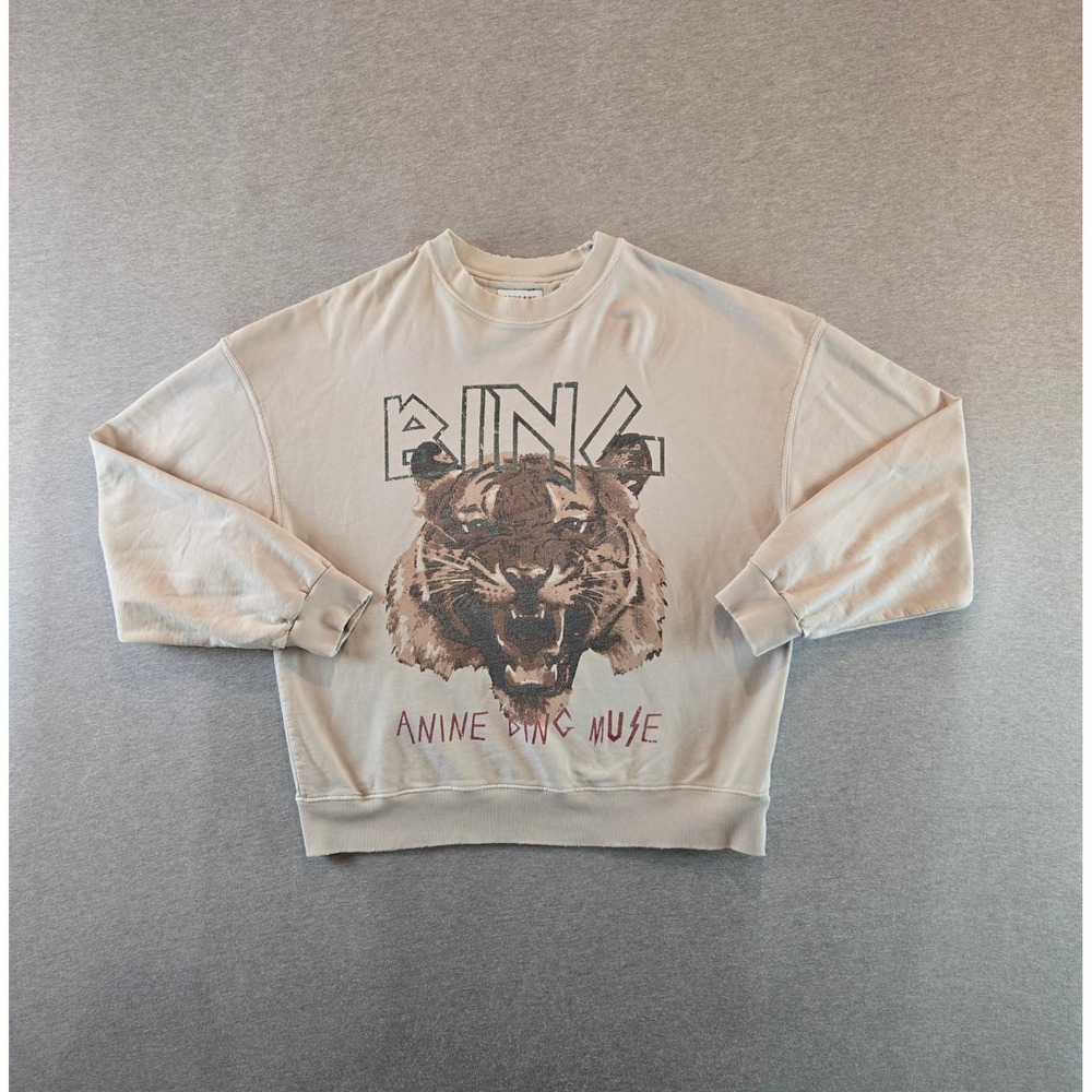 Anine Bing Tiger Sweatshirt Women L Sand Distressed Organic Cotton Muse Graphic